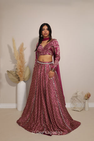 A woman models a traditional Indian outfit consisting of a magenta and white ajrakh print patterned choli and a matching long skirt with a chevron pattern, standing in a studio setting with decorative pampas grass and a birdcage.