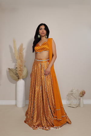 A woman models a traditional Indian outfit consisting of a bright yellow and gold chevron patterned lehenga skirt, a matching orange and gold bandhani print crop top, and an orange dupatta, standing in a studio with decorative dried plants.