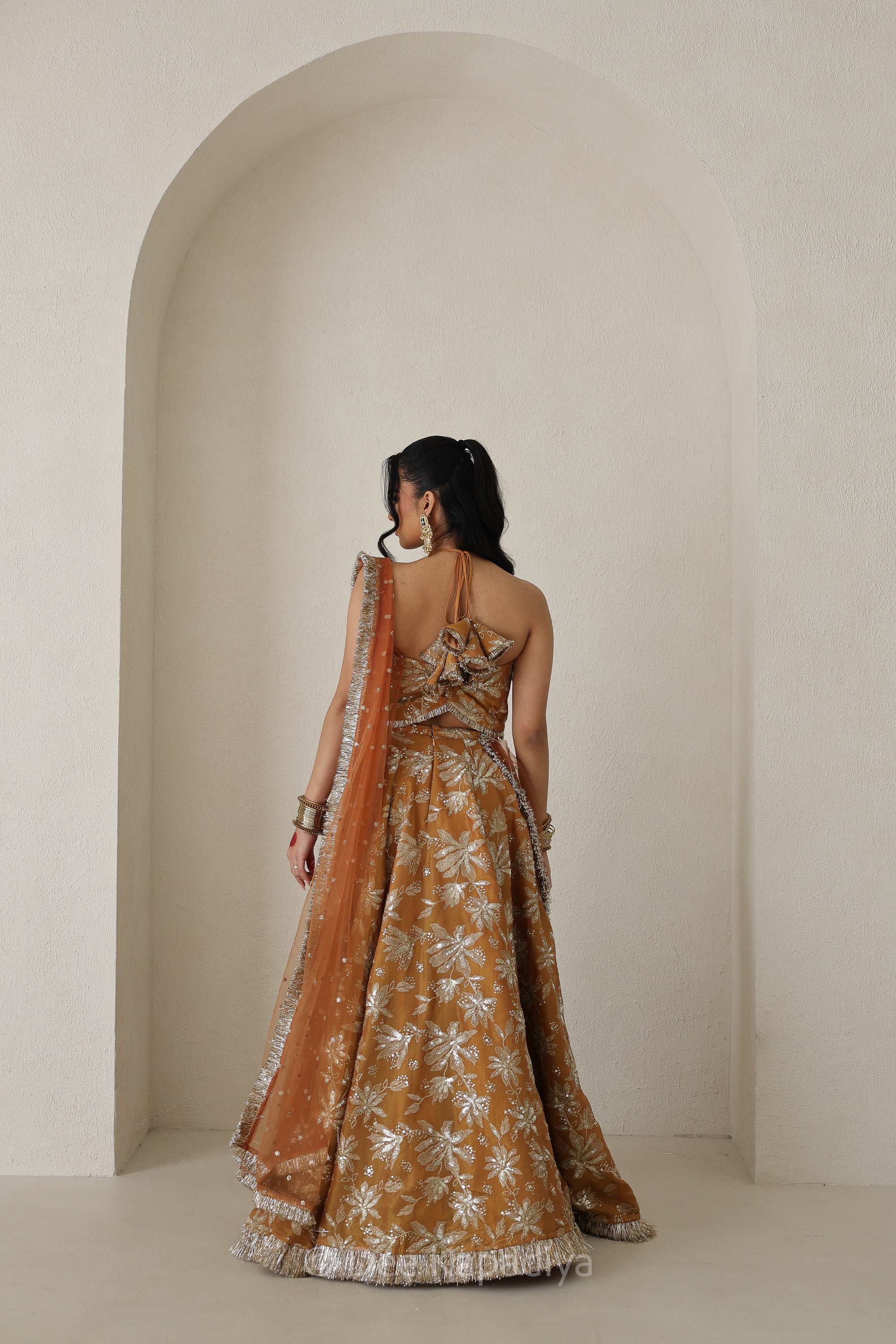 Vaani Croptop Jodha Lehenga in Amber Sienna pose 2