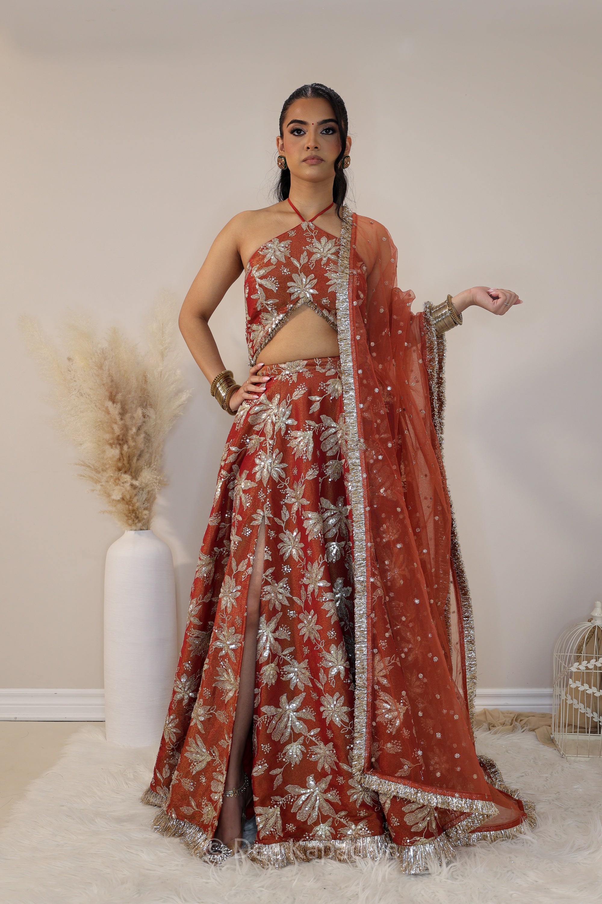 Vaani Croptop jodha lehenga in sunkissed rust pose 1