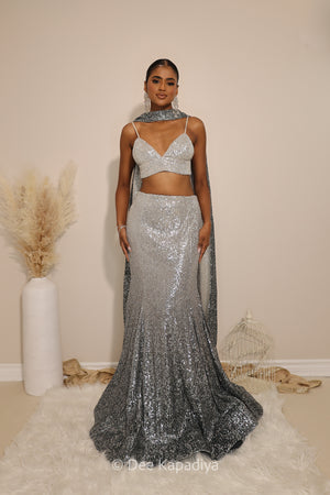 ombre sequin modern indian wear, indowestern, mermaid lehenga, bellow bottom, ruched readytowear saree, in butter yellow, bubblegum pink, celestial blue and quartz grey, cocktail, afterparty, red carpet, wedding reception guest