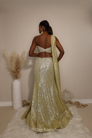 ombre sequin modern indian wear, indowestern, mermaid lehenga, bellow bottom, ruched readytowear saree, in butter yellow, bubblegum pink, celestial blue and quartz grey, cocktail, afterparty, red carpet, wedding reception guest
