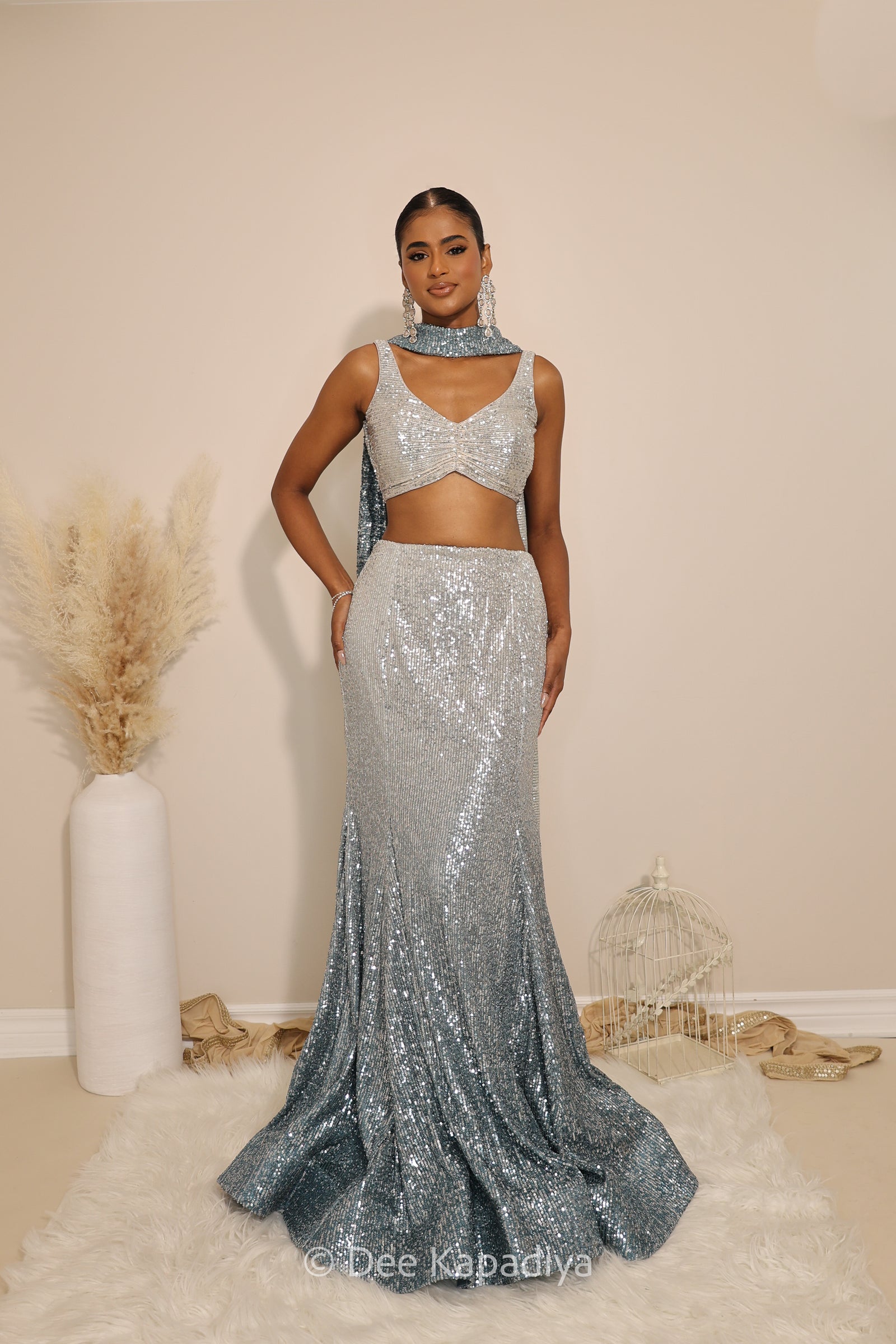 ready to wear mermaid lehenga in ombre sequin celestial blue sleeveless croptop