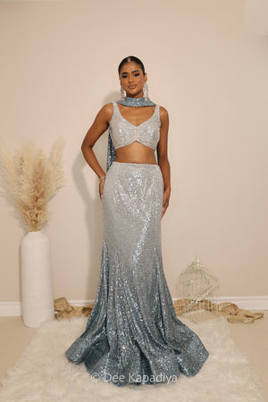 ready to wear mermaid lehenga in ombre sequin celestial blue sleeveless croptop