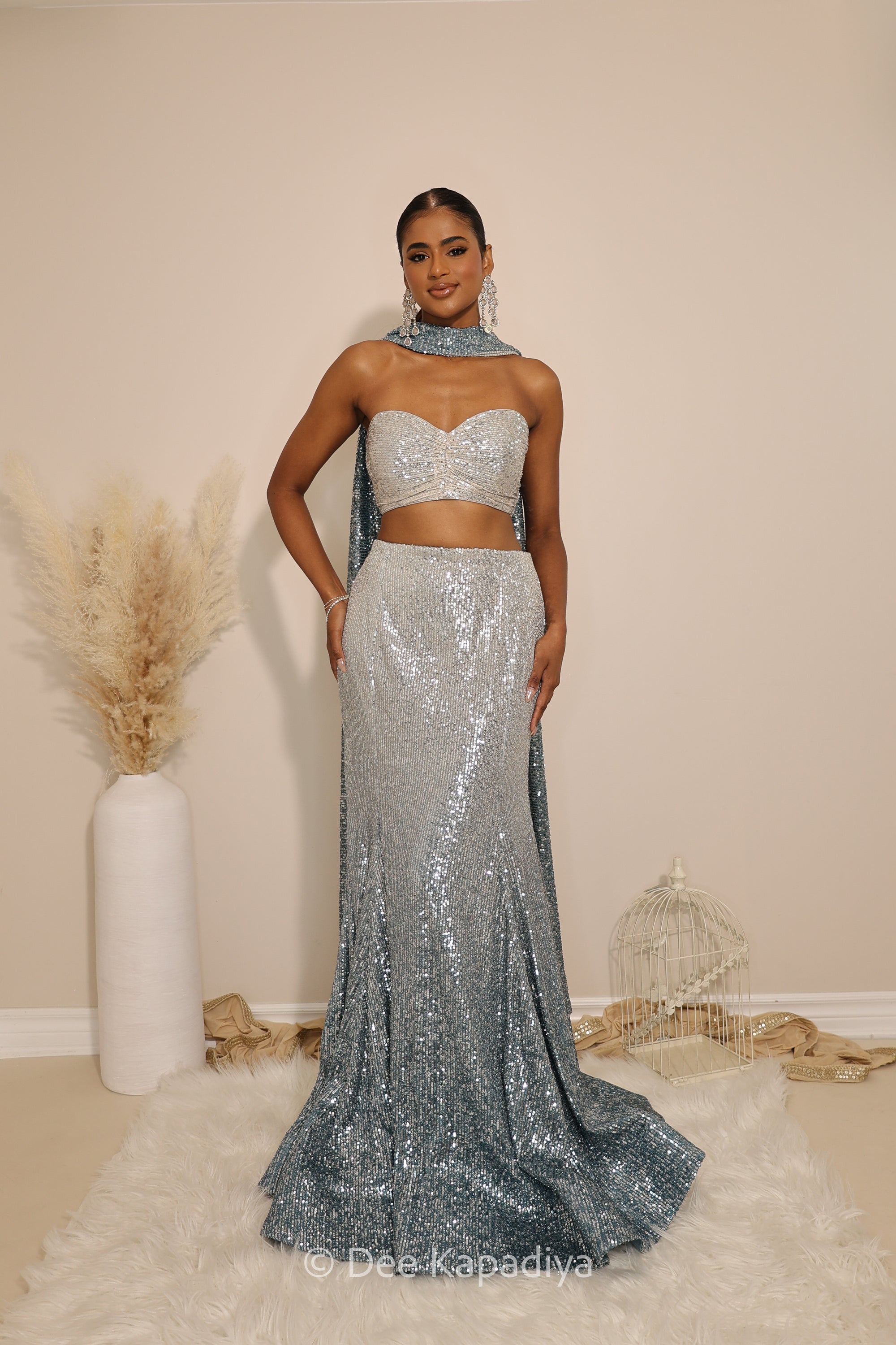 ready to wear mermaid lehenga in ombre celestial blue with bustier strapless blouse croptop