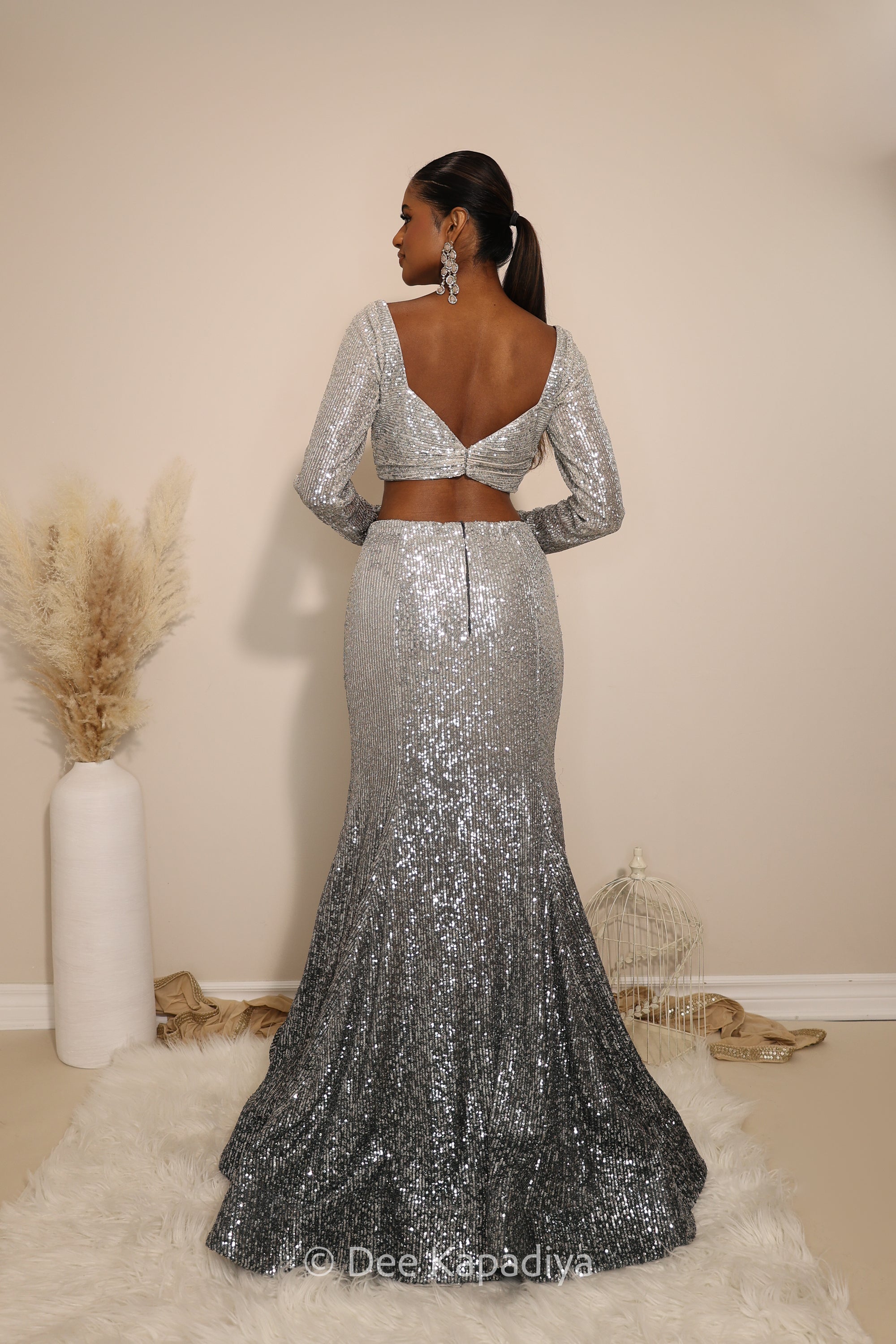 ready to wear mermaid lehenga set in ombre sequin in quatrz grey with full sleeve blouse blue