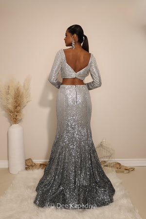 ready to wear mermaid lehenga set in ombre sequin in quatrz grey with full sleeve blouse blue