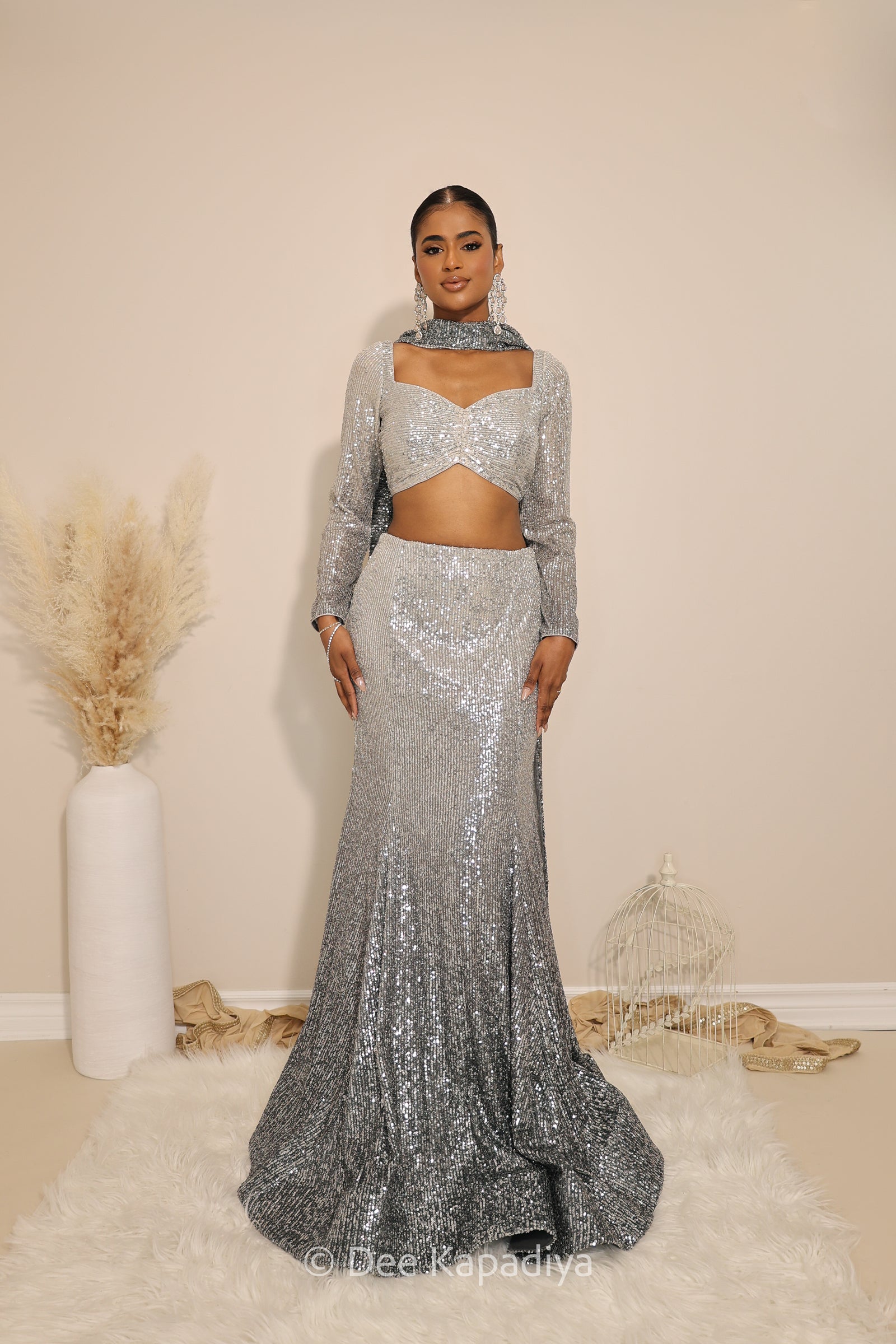  ready to wear mermaid lehenga in ombre sequin quartz grey with full sleeve blouse croptop