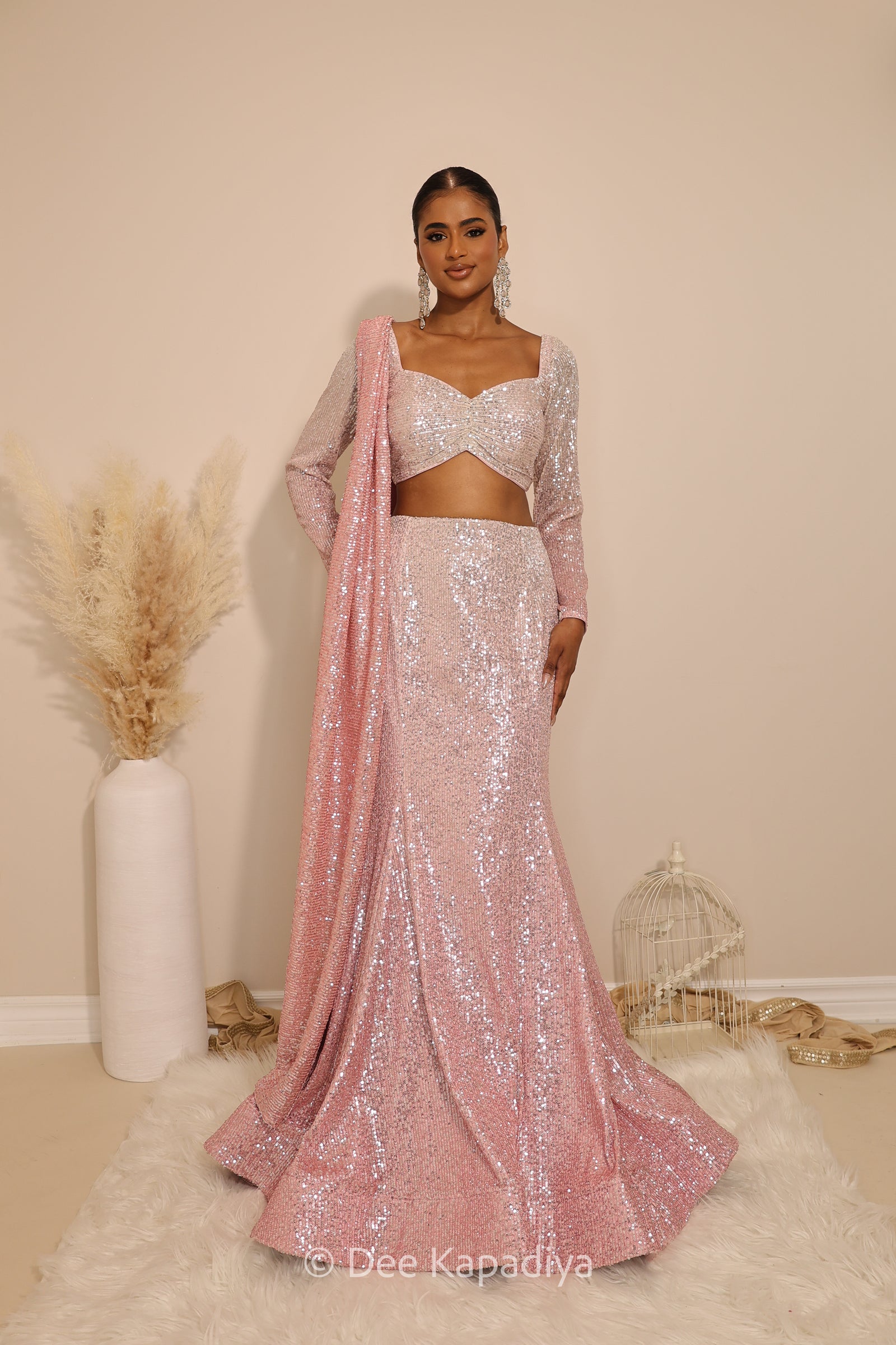  ready to wear mermaid lehenga in ombre sequin quartz grey with full sleeve blouse croptop