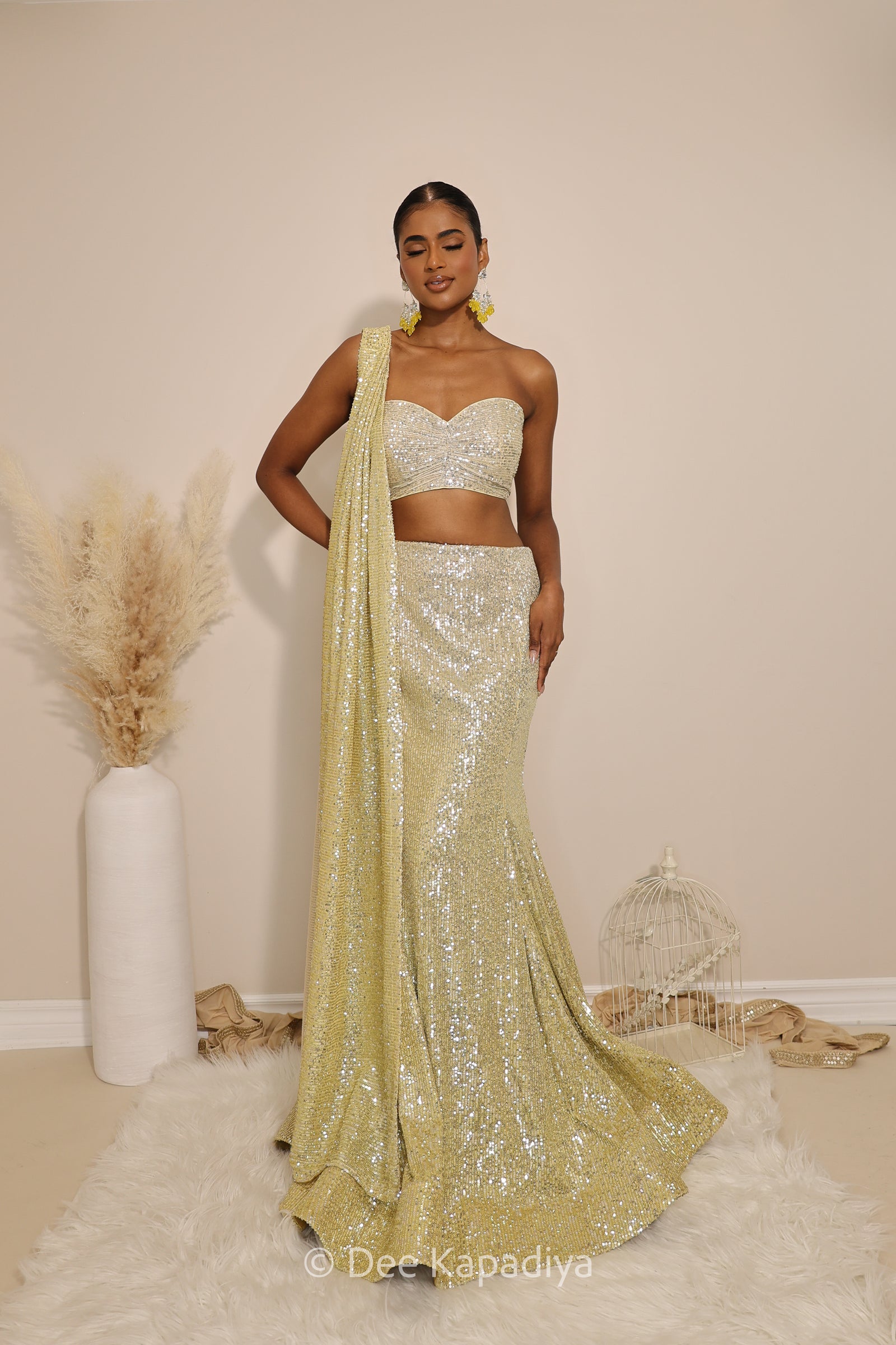 ready to wear mermaid lehenga in ombre butter yellow sequin strapless croptop