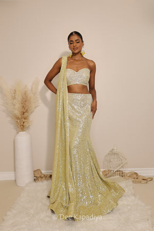 ready to wear mermaid lehenga set in ombre sequin in butter yellow with sleeveless bustier blouse 