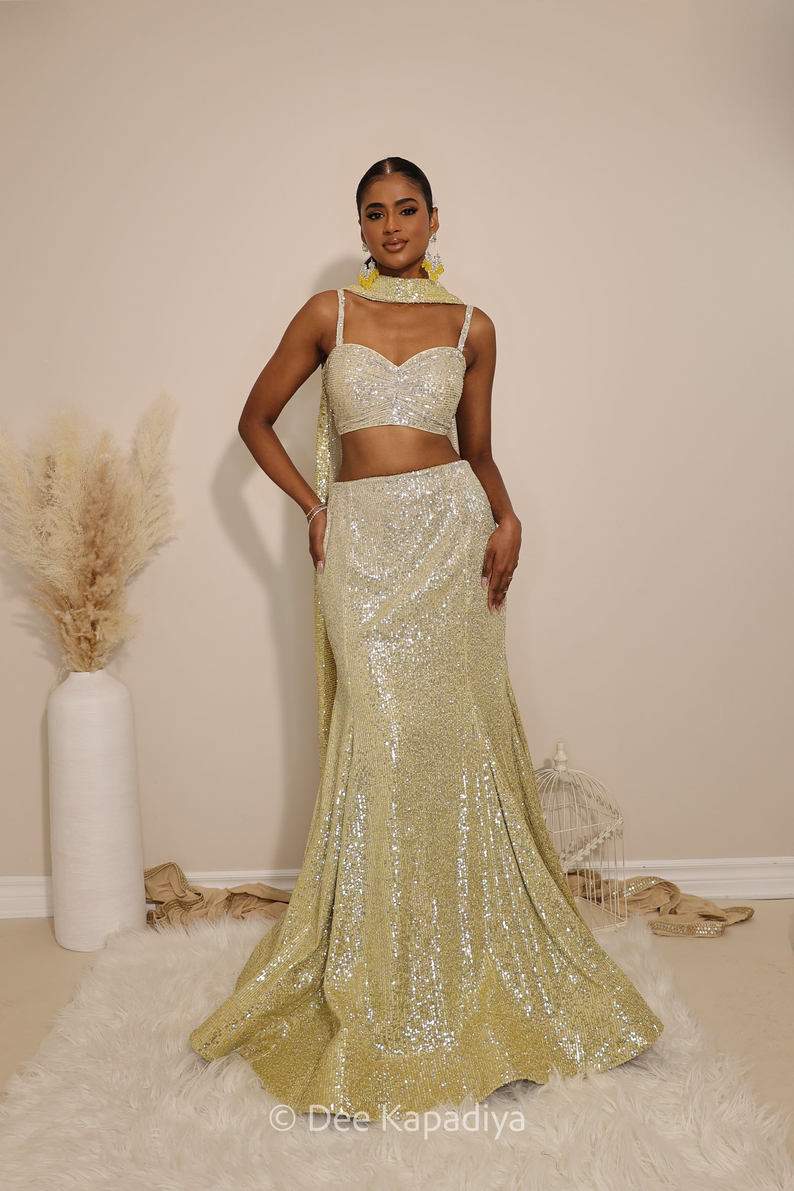 ready to wear mermaid lehenga in ombre butter yellow sequin strapless croptop