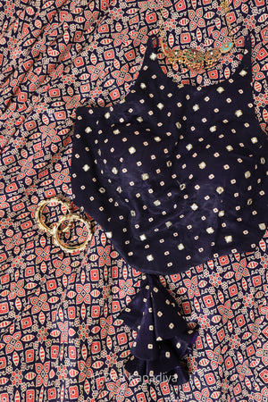 Close-up of real mirror and zari work on Bahaar Crop Top — bandhani gajji silk, Dee Kapadiya Rooted in Ajrakh Vol. I Sukoon