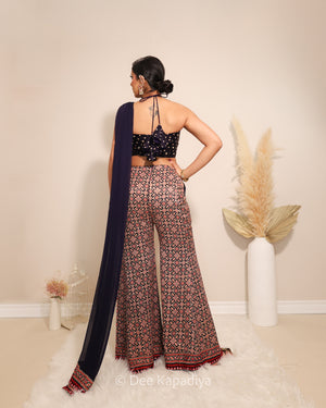 Dee Kapadiya Bahaar Gharara Set Jamuni Blue — back view Bahaar Crop Top and ajrakh gharara hem with real mirror work, sangeet mehndi outfit Toronto
