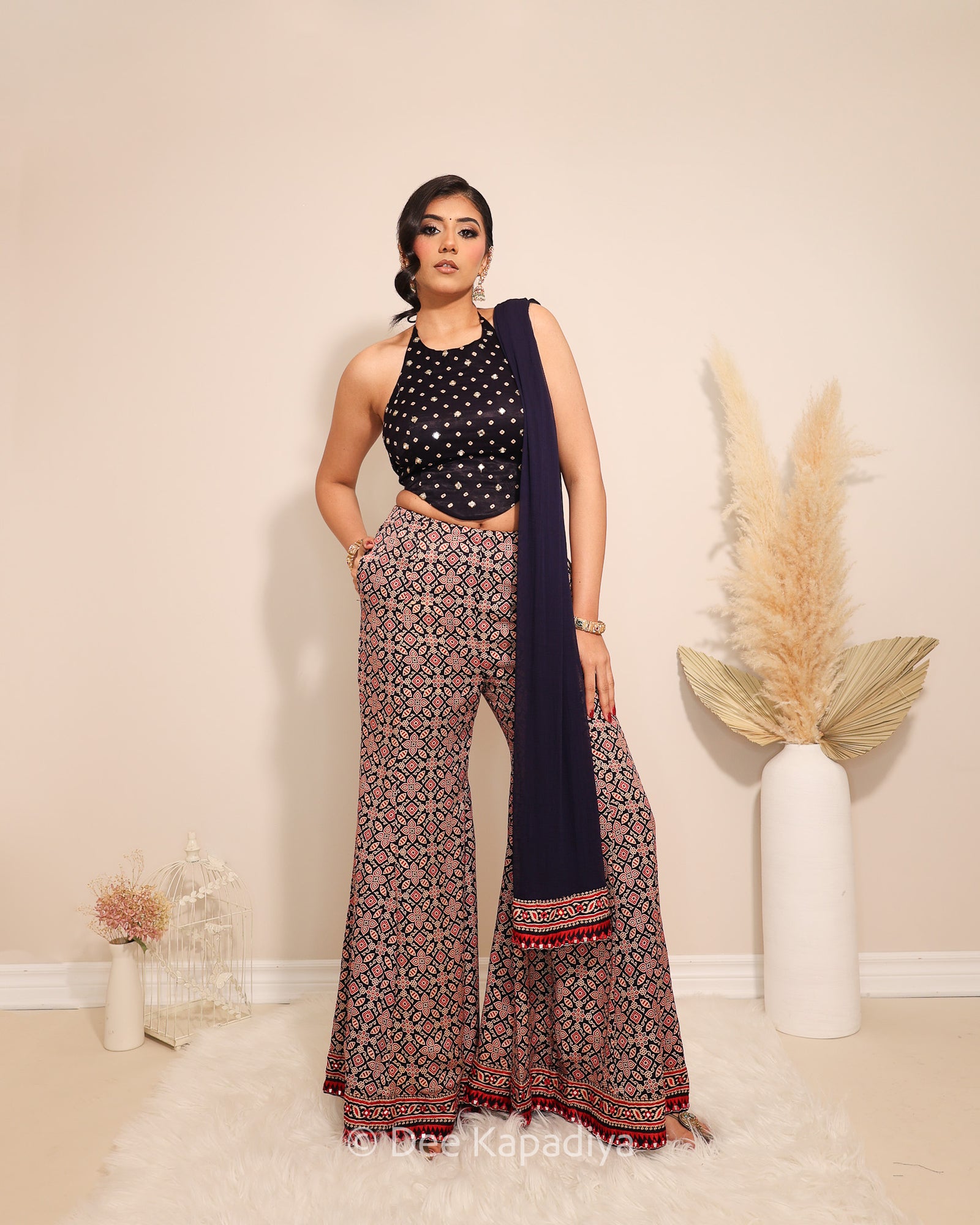 Dee Kapadiya Bahaar Gharara Set with Bahaar Crop Top Jamuni Blue — bandhani gajji silk crop top with mirror zari work and wide-leg ajrakh gharara, Indian wedding guest outfit Canada