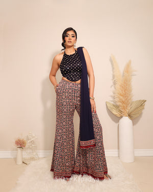 Dee Kapadiya Bahaar Gharara Set with Bahaar Crop Top Jamuni Blue — bandhani gajji silk crop top with mirror zari work and wide-leg ajrakh gharara, Indian wedding guest outfit Canada