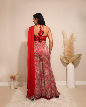 Dee Kapadiya Bahaar Gharara Set Mirchi Red — back view Bahaar Crop Top and ajrakh gharara hem with real mirror work, mehndi sangeet outfit Toronto