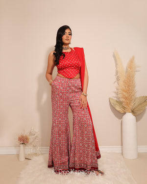 Dee Kapadiya Bahaar Gharara Set with Bahaar Crop Top Mirchi Red — bandhani gajji silk crop top with mirror zari work and wide-leg ajrakh gharara, Indian wedding guest outfit Canada