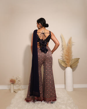 Dee Kapadiya Bahaar Gharara Set Jamuni Blue — Gehna Crop Top detail and Bahaar gharara hem with real mirror work and ajrakh embroidered border, sangeet mehndi outfit Toronto