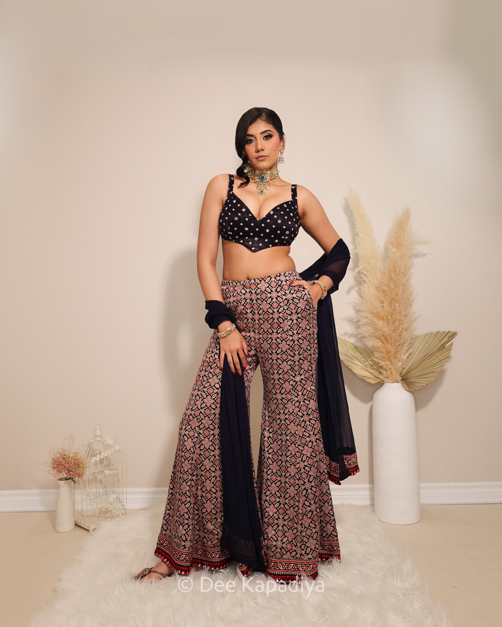 Dee Kapadiya Bahaar Gharara Set with Gehna Crop Top Mirchi Red — bandhani sweetheart gajji silk crop top with mirror zari and wide-leg ajrakh gharara, Indian wedding guest outfit Canada