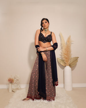 Dee Kapadiya Bahaar Gharara Set with Gehna Crop Top Jamuni Blue — bandhani sweetheart gajji silk crop top with mirror zari and wide-leg ajrakh gharara, Indian wedding guest outfit Canada