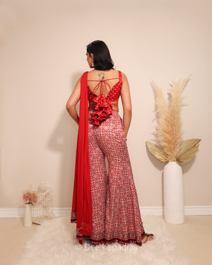 Dee Kapadiya Bahaar Gharara Set Mirchi Red — Gehna Crop Top detail and Bahaar gharara hem with real mirror work and ajrakh embroidered border, mehndi sangeet outfit Toronto