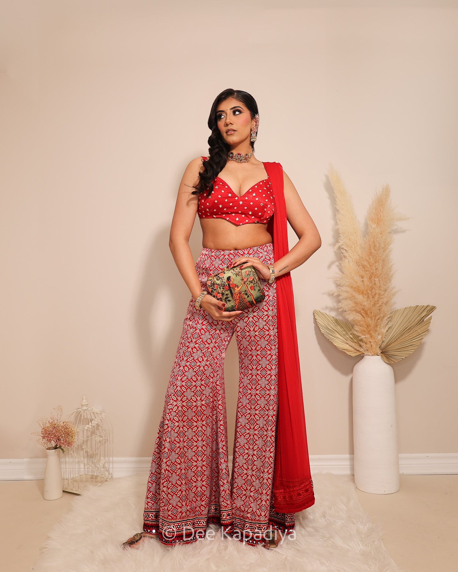 Dee Kapadiya Bahaar Gharara Set with Gehna Crop Top Mirchi Red — bandhani sweetheart gajji silk crop top with mirror zari and wide-leg ajrakh gharara, Indian wedding guest outfit Canada