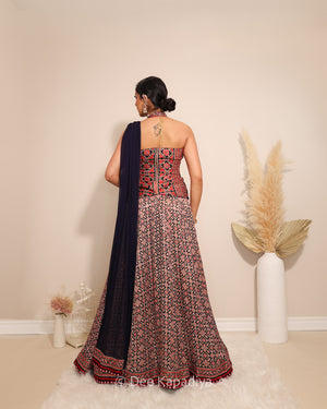 Dee Kapadiya Gehna Lehenga Set Jamuni Blue — back view showing halter Mastani top and Gehna lehenga hem with ajrakh embroidered border and mirror work, sangeet mehndi outfit Toronto