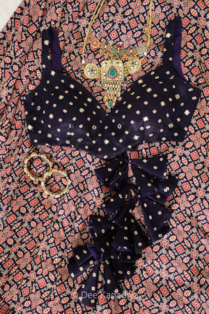 Close-up of real mirror and zari work on bandhani gajji silk Gehna Crop Top — Dee Kapadiya Rooted in Ajrakh Vol. I Sukoon