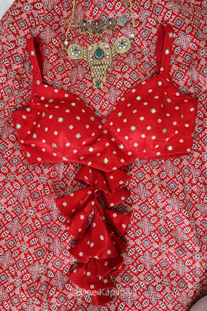 Close-up of real mirror and zari work on bandhani gajji silk Gehna Crop Top — Dee Kapadiya Rooted in Ajrakh Vol. I Sukoon