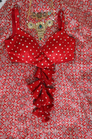 Close-up of real mirror and zari work on bandhani gajji silk Gehna Crop Top — Dee Kapadiya Rooted in Ajrakh Vol. I Sukoon