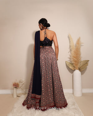 Dee Kapadiya Gehna Lehenga Set Jamuni Blue — Bahaar Crop Top detail and Gehna lehenga border hem with real mirror work and ajrakh embroidery, sangeet mehndi outfit Toronto