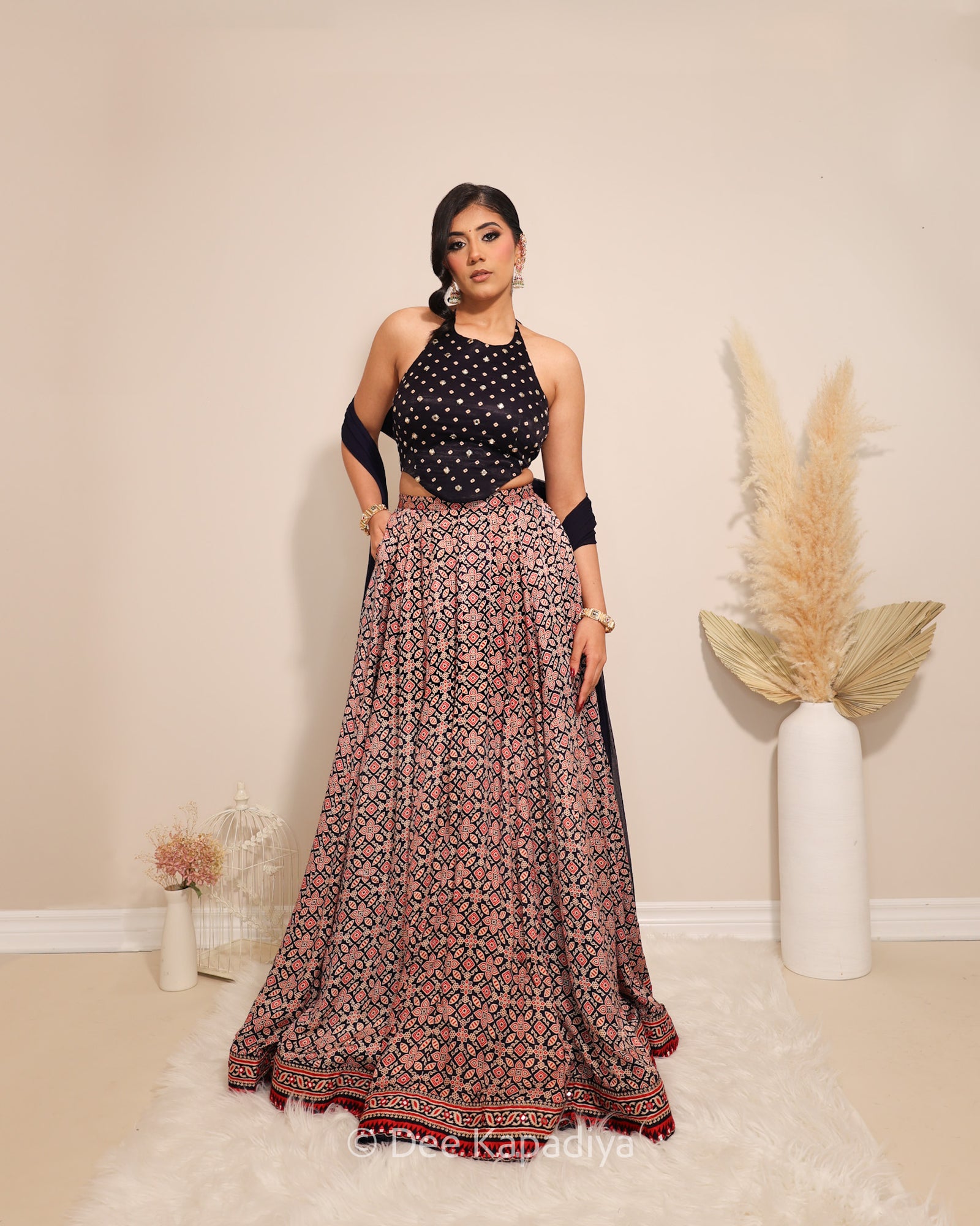 Dee Kapadiya Gehna Lehenga Set with Bahaar Crop Top Jamuni Blue — bandhani round neck halter gajji silk top with mirror zari and full flared ajrakh lehenga, Indian wedding guest outfit Canada