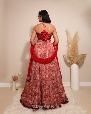 Dee Kapadiya Gehna Lehenga Set Mirchi Red — Bahaar Crop Top detail and Gehna lehenga border hem with real mirror work and ajrakh embroidery, mehndi sangeet outfit Toronto