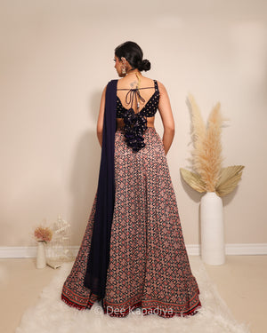 Dee Kapadiya Gehna Lehenga Set Jamuni Blue — back view Gehna Crop Top and ajrakh lehenga border hem with real mirror work, sangeet mehndi outfit Toronto