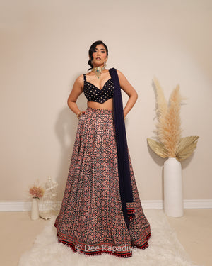 Dee Kapadiya Gehna Lehenga Set with Gehna Crop Top Jamuni Blue — bandhani sweetheart crop top with mirror zari and full flared ajrakh lehenga in gajji silk, Indian wedding guest outfit Canada