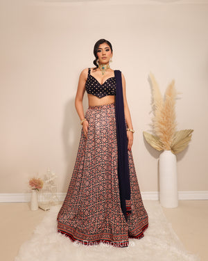 Dee Kapadiya Gehna Lehenga Set with Gehna Crop Top Jamuni Blue — bandhani sweetheart crop top with mirror zari and full flared ajrakh lehenga in gajji silk, Indian wedding guest outfit Canada