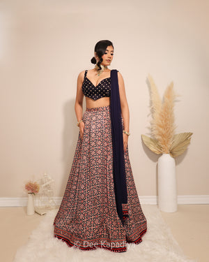 Dee Kapadiya Gehna Lehenga Set with Gehna Crop Top Jamuni Blue — bandhani sweetheart crop top with mirror zari and full flared ajrakh lehenga in gajji silk, Indian wedding guest outfit Canada