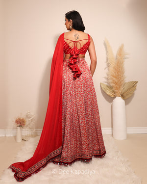 Dee Kapadiya Gehna Lehenga Set Mirchi Red — back view Gehna Crop Top and ajrakh lehenga border hem with real mirror work, mehndi sangeet outfit Toronto