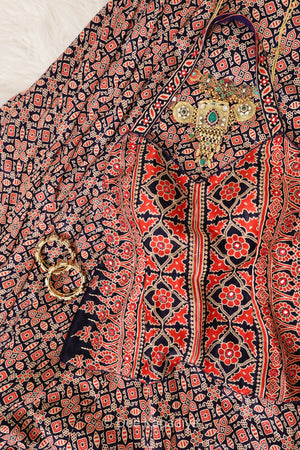 Dee Kapadiya Gehna Lehenga Set Jamuni Blue — Mastani halter top closeup and full flared ajrakh lehenga on gajji silk with real mirror work hem border and ajrakh chiffon dupatta, Indian wedding guest outfit Canada