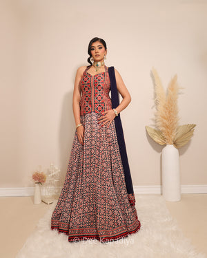 Dee Kapadiya Gehna Lehenga Set Jamuni Blue — Mastani halter top and full flared ajrakh lehenga on gajji silk with real mirror work hem border and ajrakh chiffon dupatta, Indian wedding guest outfit Canada
