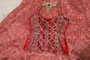 Dee Kapadiya Gehna Lehenga Set Mirchi Red — Mastani halter top and full flared ajrakh lehenga closeup on gajji silk with real mirror work hem border and ajrakh chiffon dupatta, Indian wedding guest outfit Canada