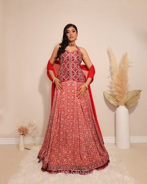 Dee Kapadiya Gehna Lehenga Set Mirchi Red — Mastani halter top and full flared ajrakh lehenga on gajji silk with real mirror work hem border and ajrakh chiffon dupatta, Indian wedding guest outfit Canada