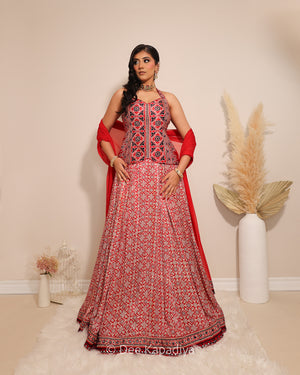 Dee Kapadiya Gehna Lehenga Set Mirchi Red — Mastani halter top and full flared ajrakh lehenga on gajji silk with real mirror work hem border and ajrakh chiffon dupatta, Indian wedding guest outfit Canada