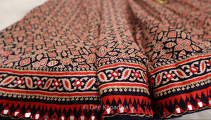 Close-up of real mirror work and ajrakh embroidered border hem on the Gehna Lehenga Set — Dee Kapadiya Rooted in Ajrakh Vol. I Sukoon
