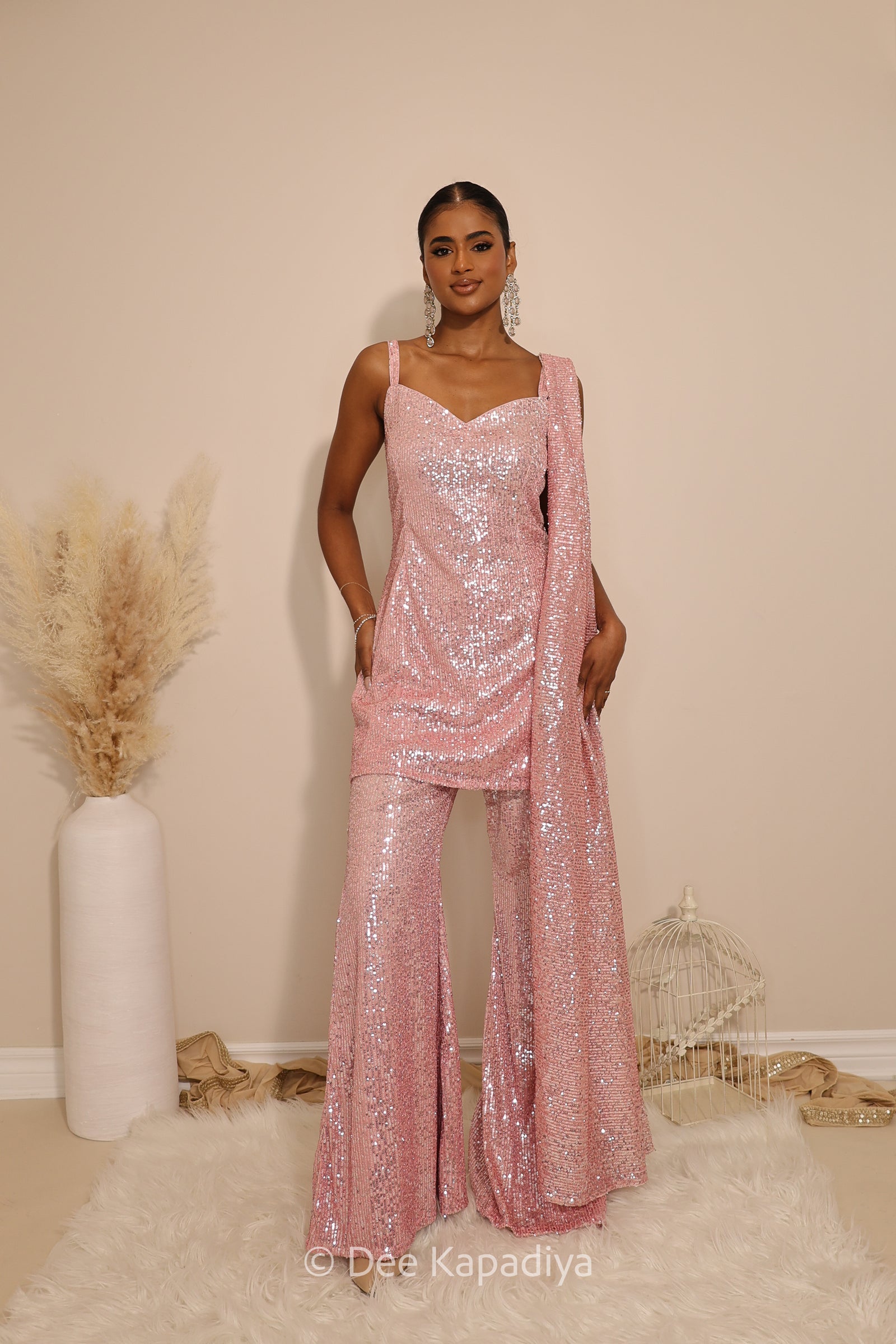 ready to wear bell bottom in ombre sequin butter yellow with kurta