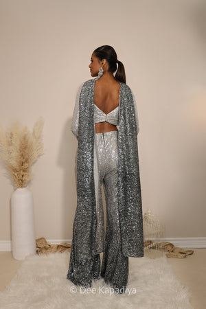 bell bottom in ombre sequin quartz grey with full sleeves blouse croptop
