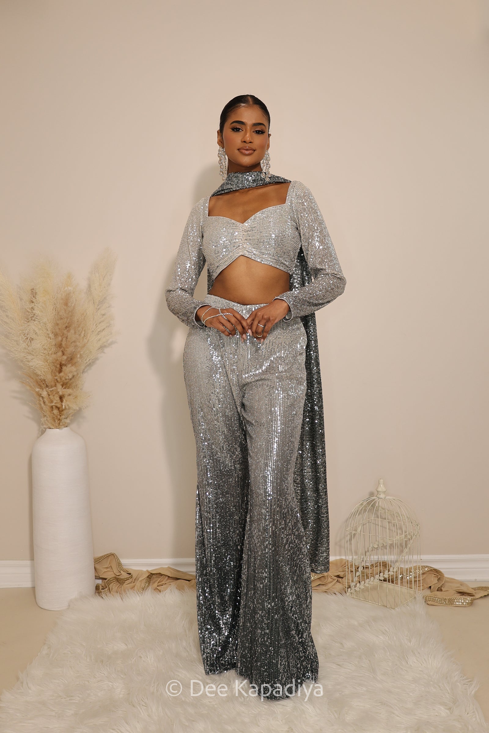 ready to wear bell bottom in ombre sequin  quartz grey full sleeve croptop