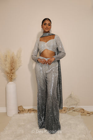 ready to wear bell bottom in ombre sequin  quartz grey full sleeve croptop