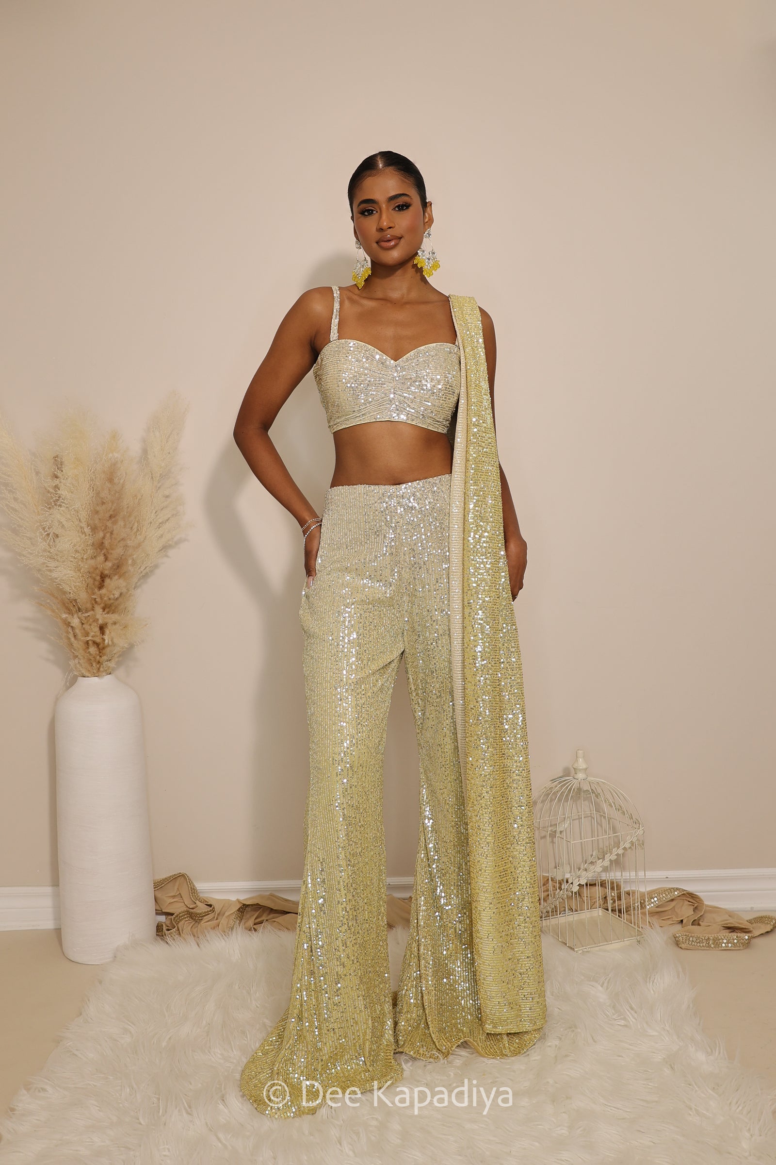 ready to wear bell bottom in ombre sequin butter yellow with strap croptop